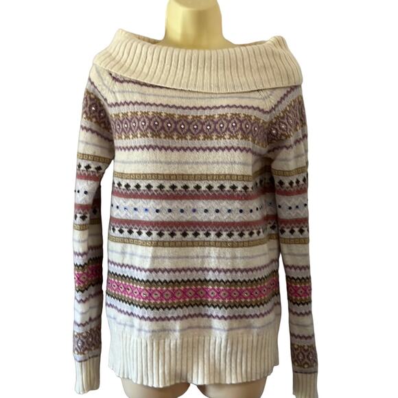 Old Navy Colorful Embellished Lambs’ Wool Sweater Woman Size Large Off Shoulder - Picture 1 of 9